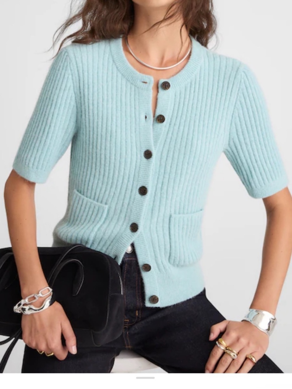 Madewell Patch-Pocket Puff-Sleeve Cardigan Blue Ribbed Sweater NW844 XL NWT